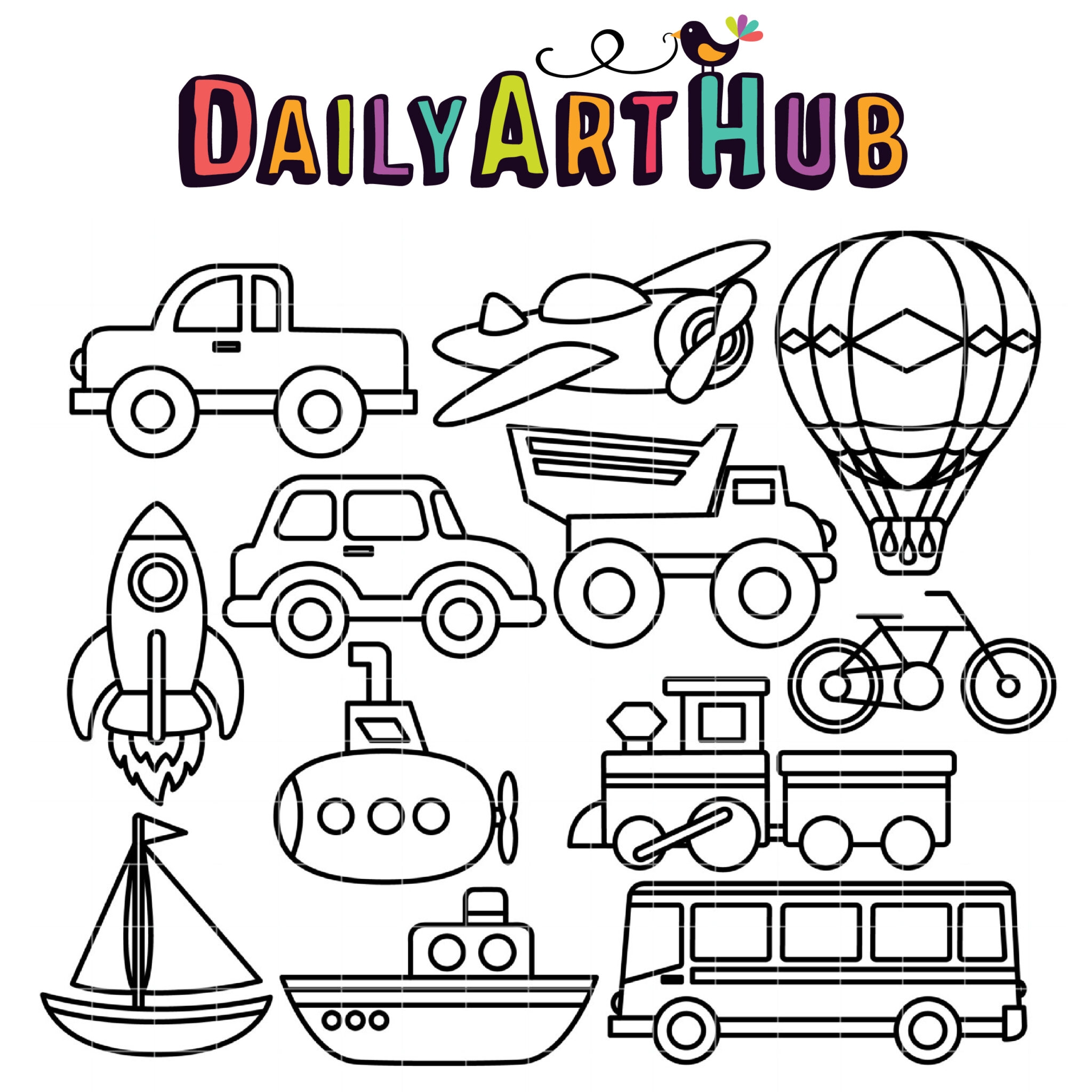 Coloring Book Transportation Clip Art Set