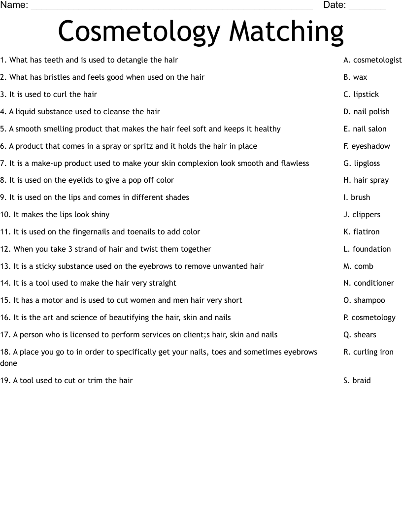 Cosmetology Matching Worksheet WordMint