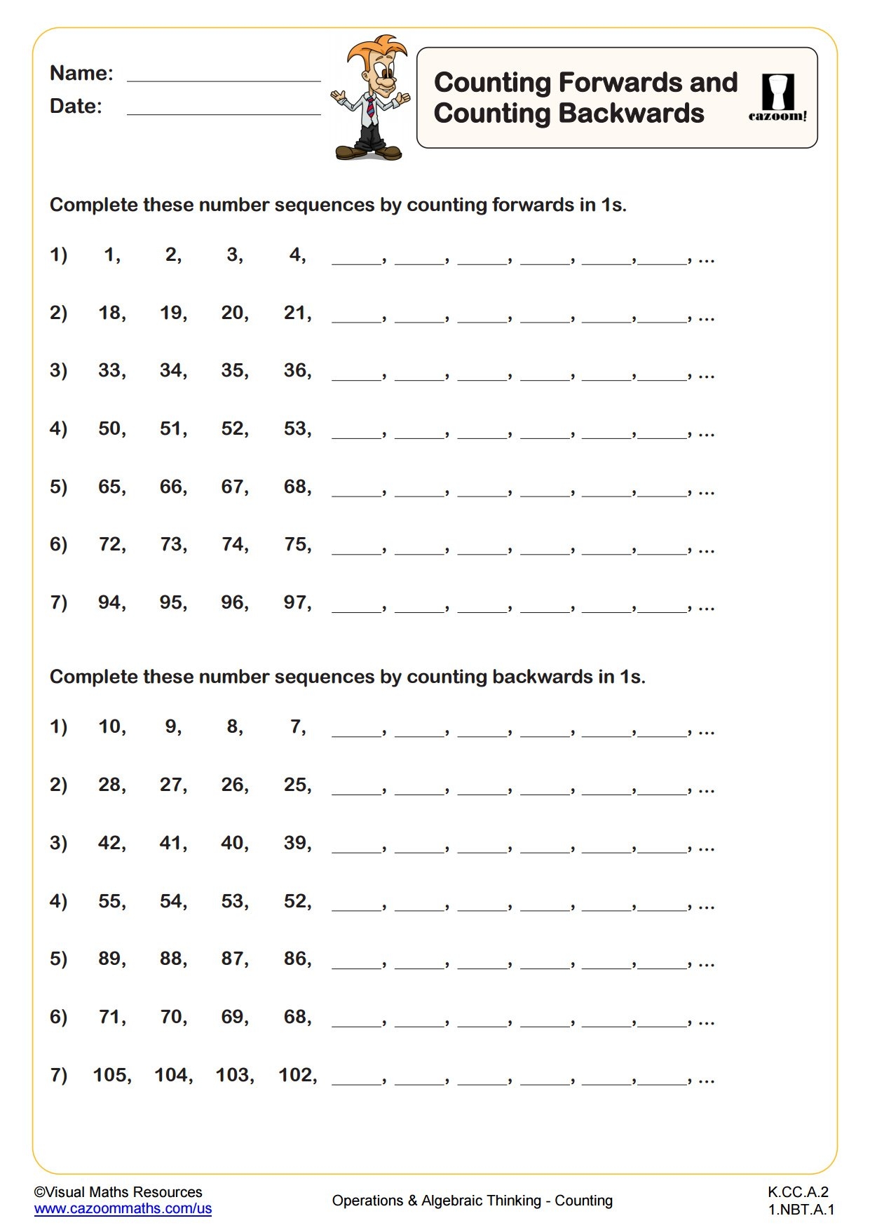 Counting Forwards And Counting Backwards PDF Printable 