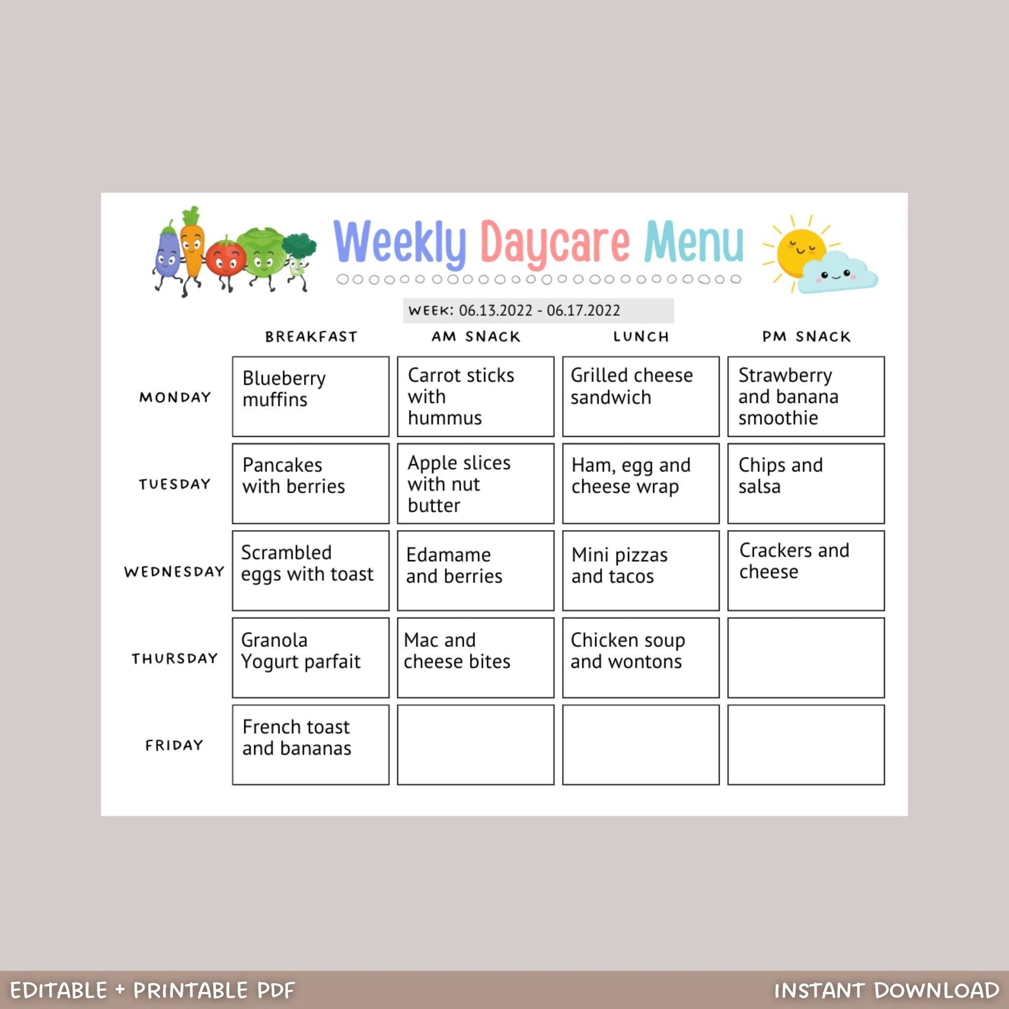 Preschool Weekly Menu Printable Preschool Weekly Menu Printable