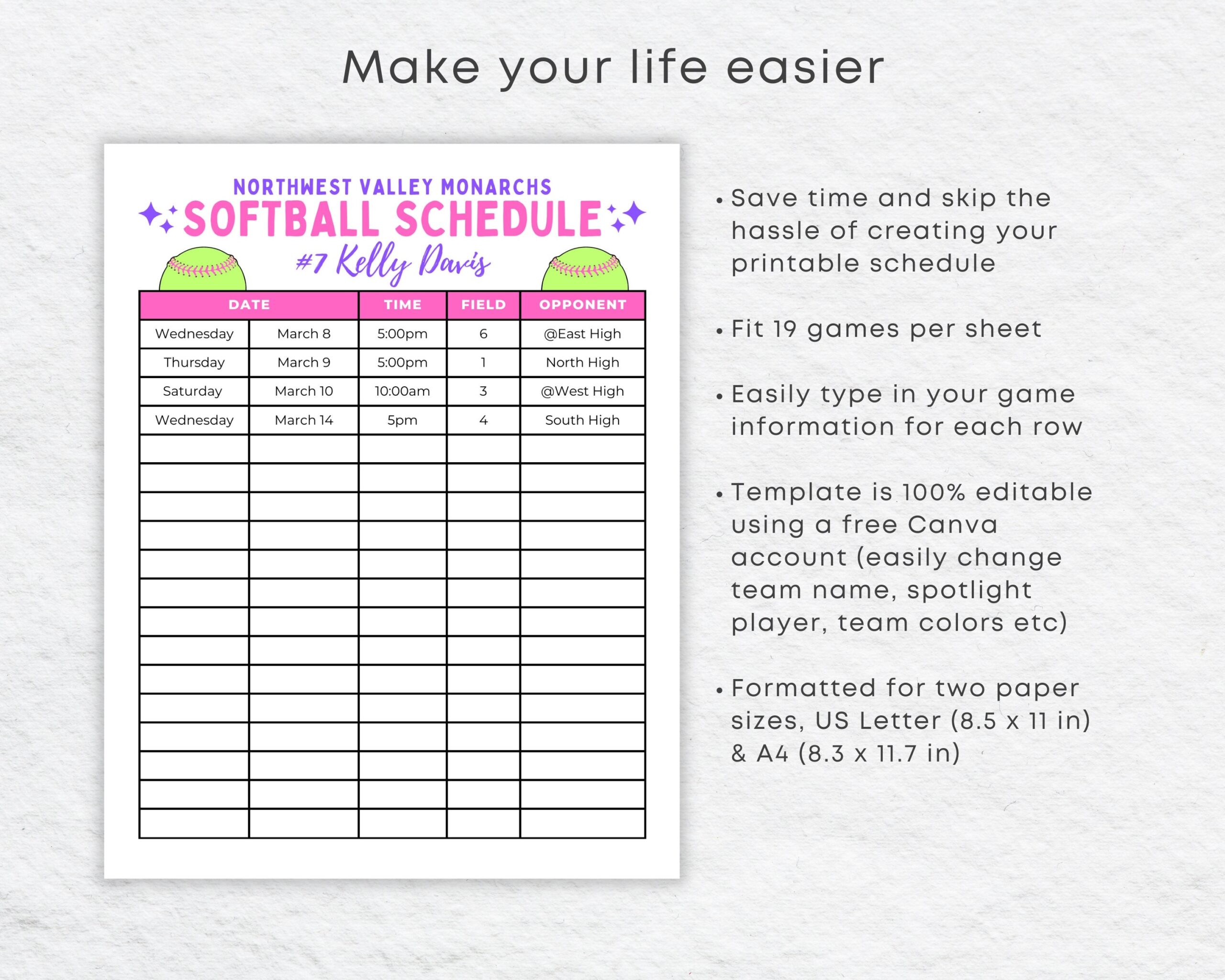 Editable Softball Schedule Template Girls Softball Game Calendar Canva Etsy