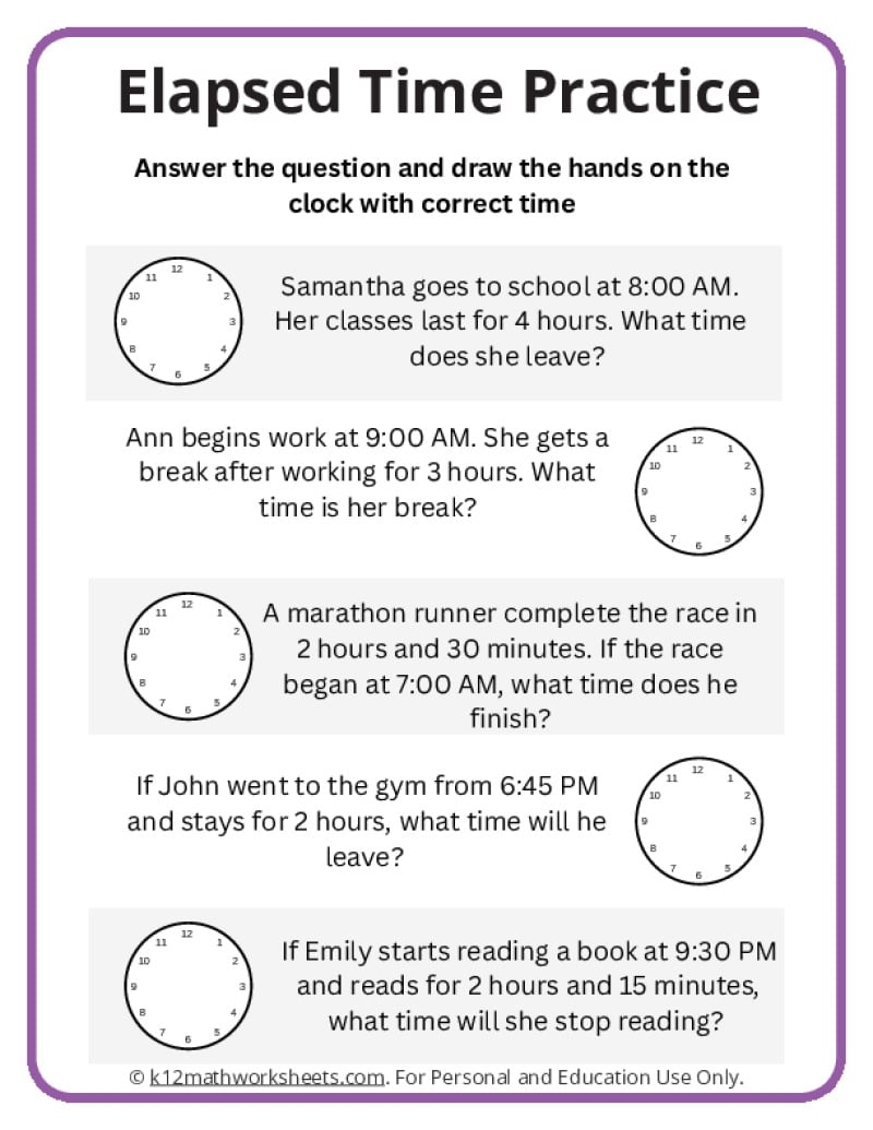 Elapsed Time Worksheets K12 Math Worksheets