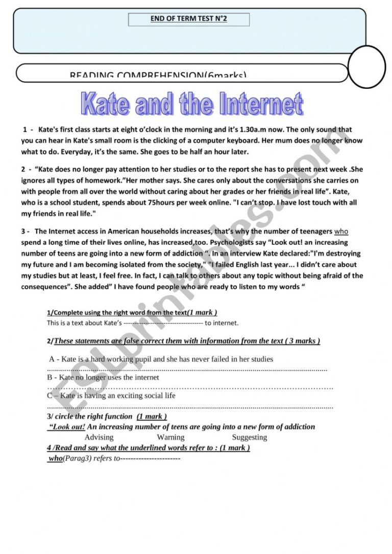 End Of Term Tes N 2 9th Form Tunisian Schools ESL Worksheet By Mrs Nasri