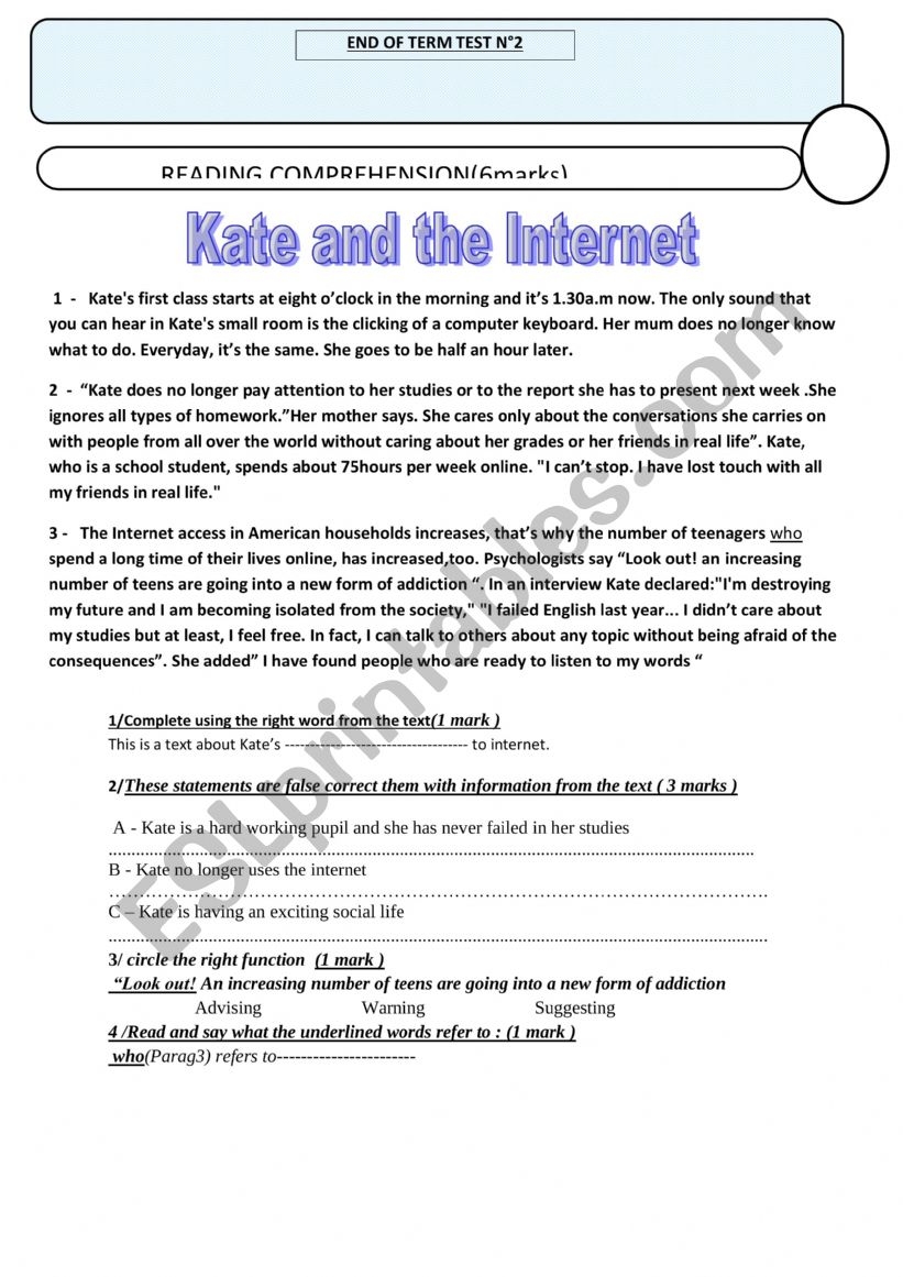 End Of Term Tes N 2 9th Form Tunisian Schools ESL Worksheet By Mrs Nasri