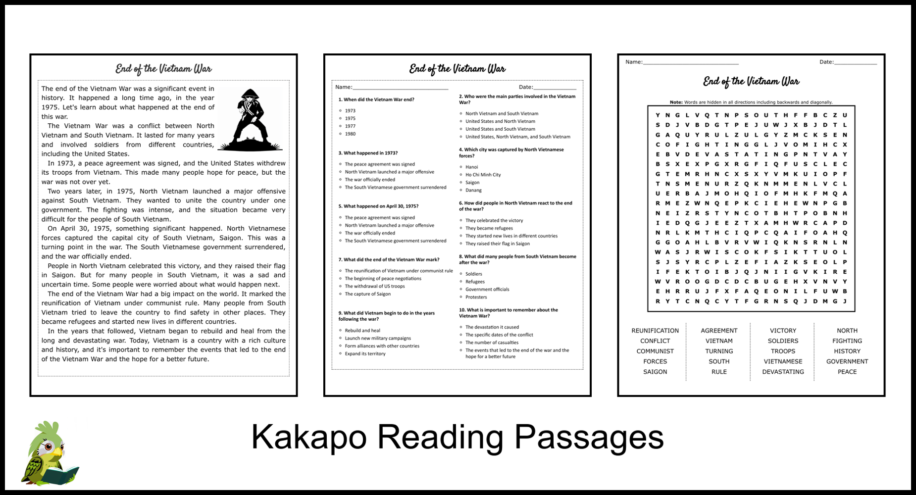 Vietnam War Reading Comprehension Worksheets