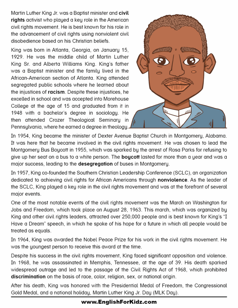 English For Kids Step By Step Martin Luther King Jr Day Worksheets Free PDF