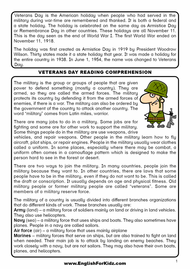 English For Kids Step By Step Veterans Day Reading Comprehension Free PDF