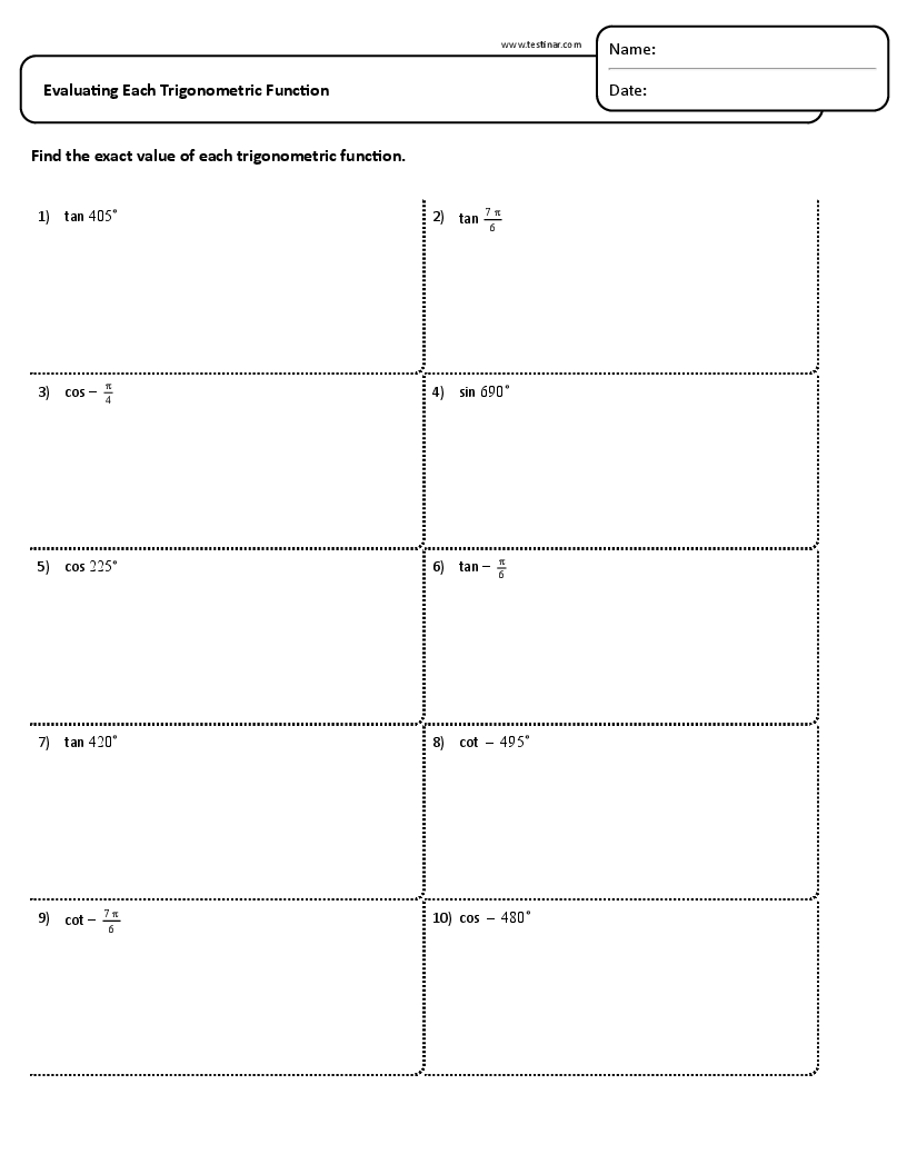 Trigonometry Free Printable Worksheets