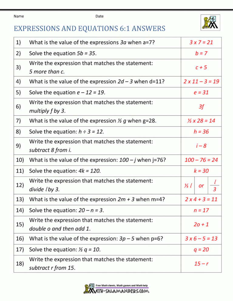 Expressions And Equations 6th Grade