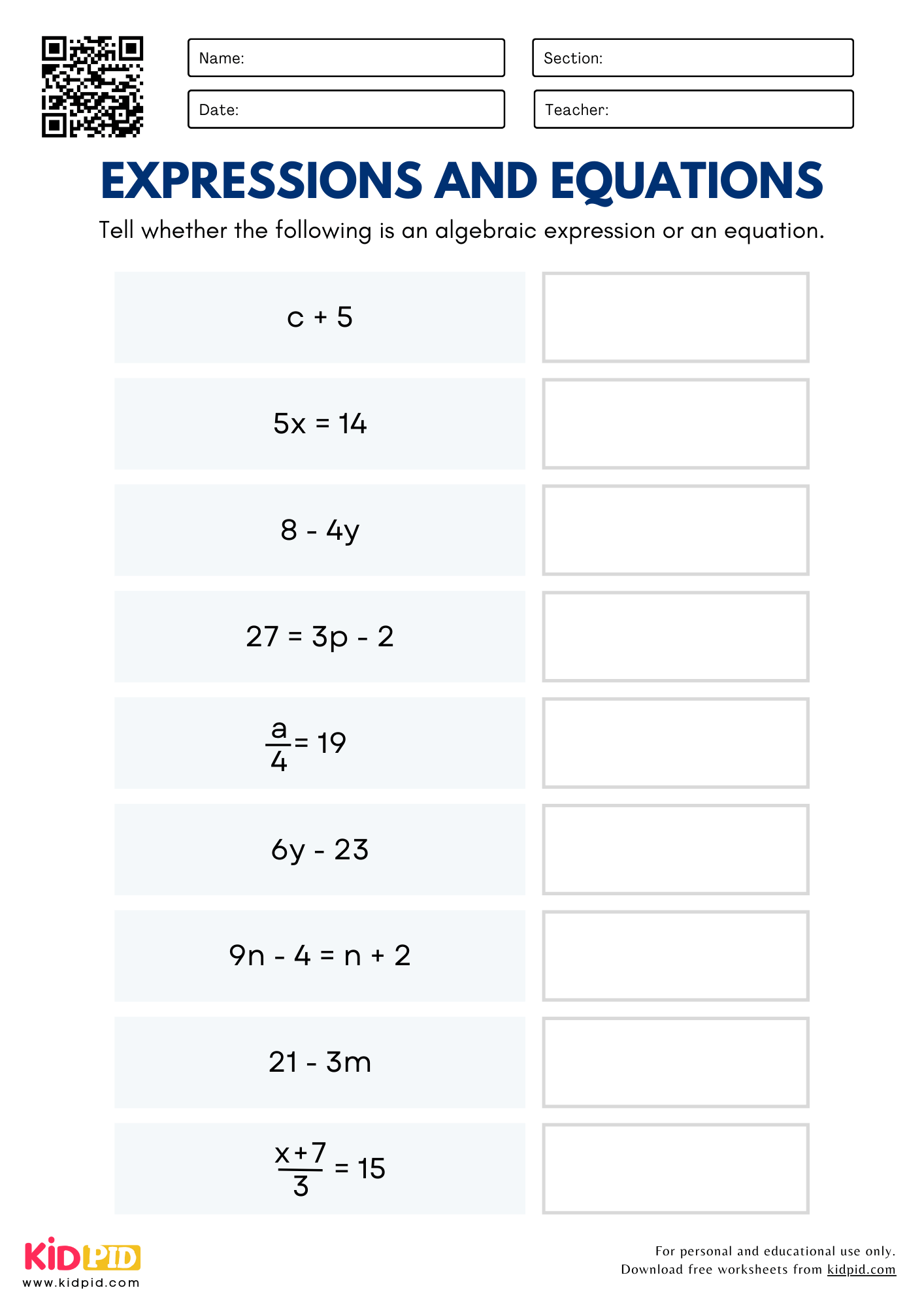 Expressions U0026 Equations Worksheet For Grade 5 Kidpid