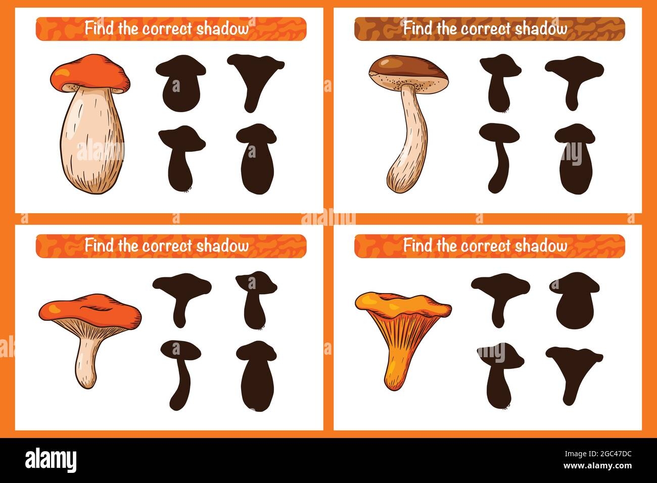 Find Correct Mushroom Shadow Educational Game For Kids Shadow Matching Activity For Children With Mushrooms Preschool Puzzle Educational Worksheet FInd The Correct Silhouette Game With Edible Mushrooms Premium Vector Stock Vector Image