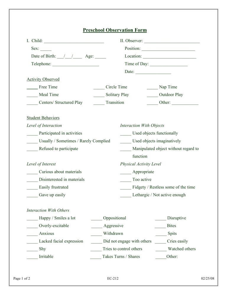 FREE 10 Preschool Observation Form Samples PDF MS Word Google Docs