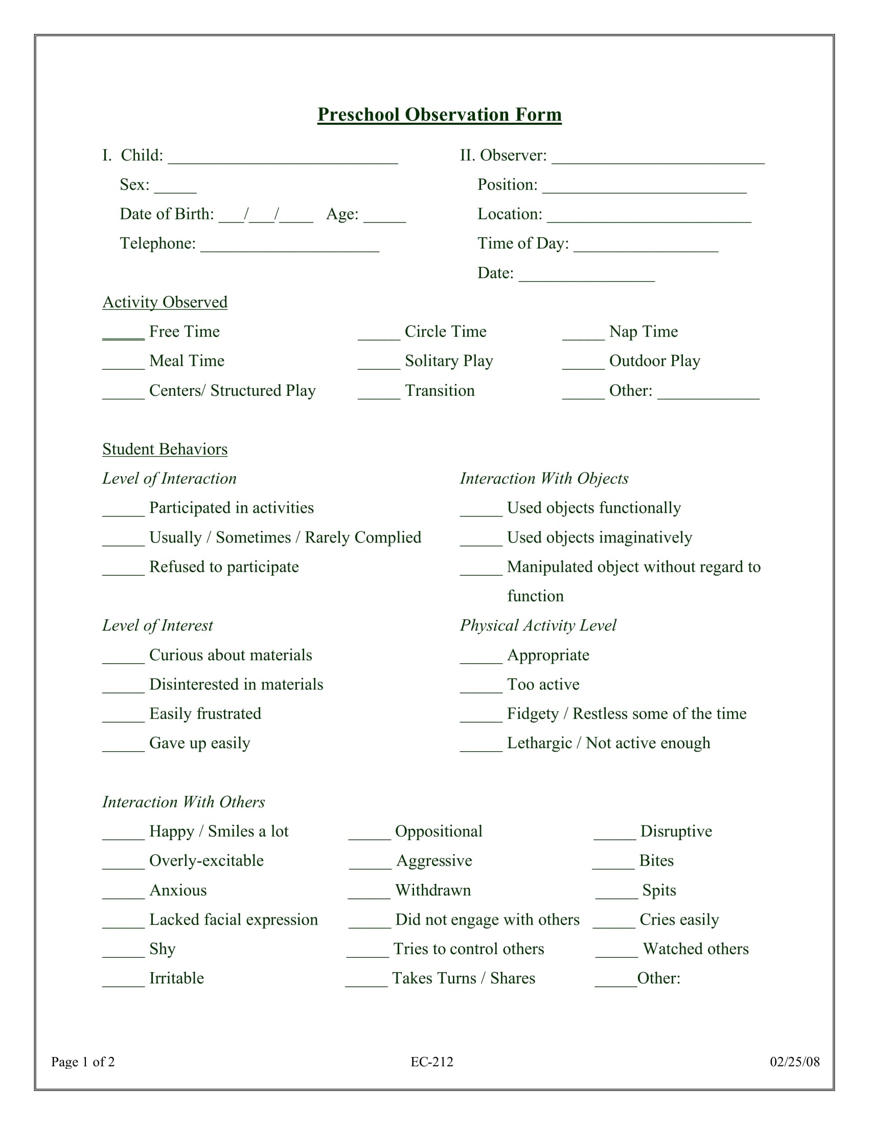 FREE 10 Preschool Observation Form Samples PDF MS Word Google Docs