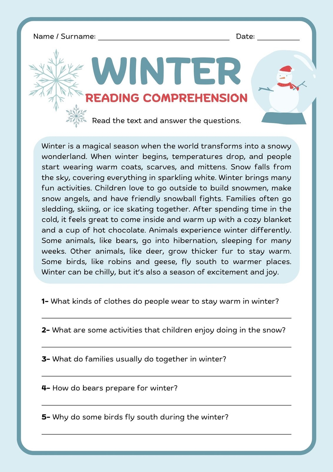 Printable 4th Grade Reading Comprehension Worksheets
