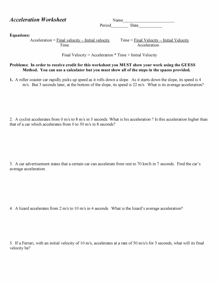 Free Printable Acceleration Worksheets Answers For Students