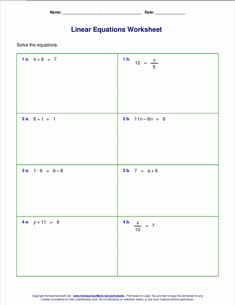 Free Worksheets For Linear Equations grades 6 9 Pre algebra Algebra 1 