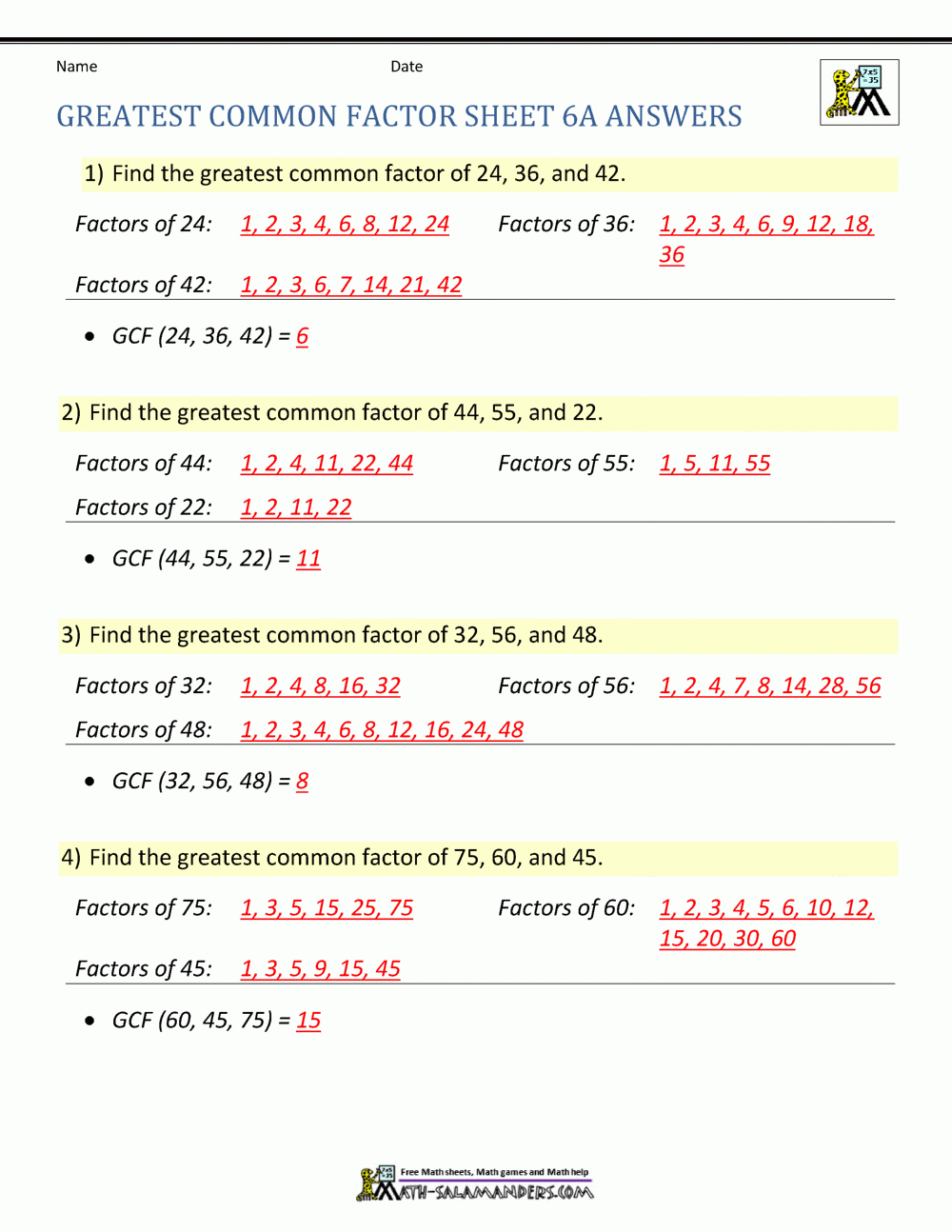 Greatest Common Factor Worksheet Page