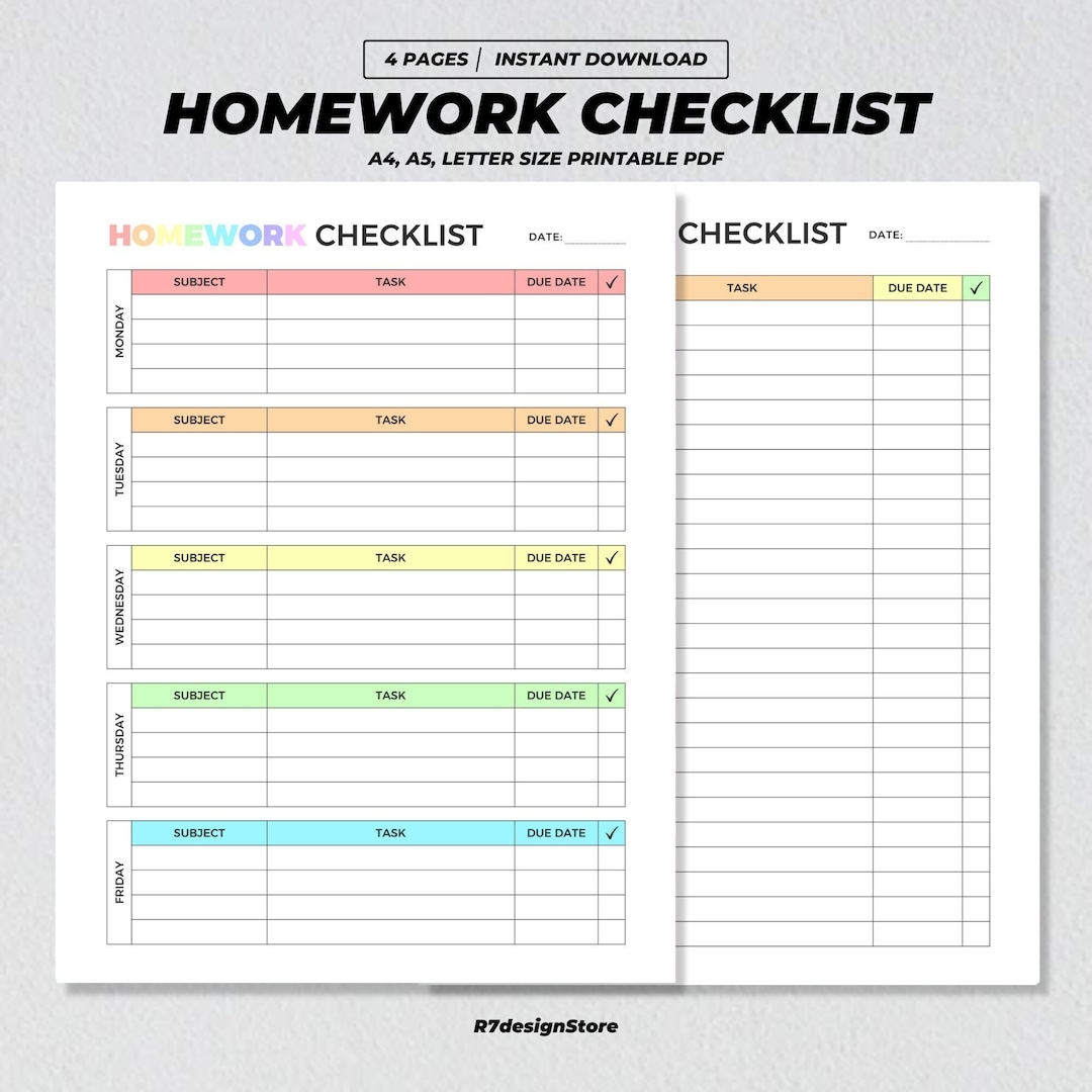 Homework Checklist Printable Weekly Homework Tracker Student Assignment Organizer Academic School Planner Daily Study Schedule PDF Etsy