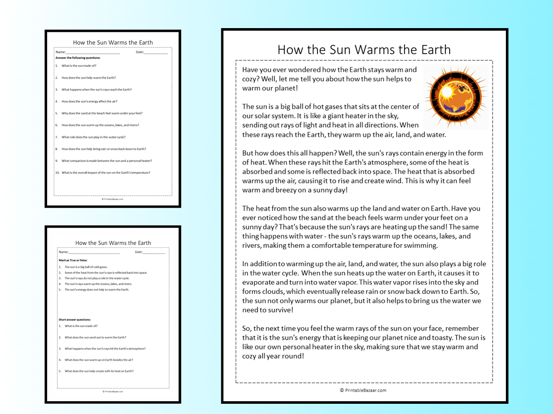 How The Sun Warms The Earth Reading Comprehension Passage Printable Worksheet Teaching Resources