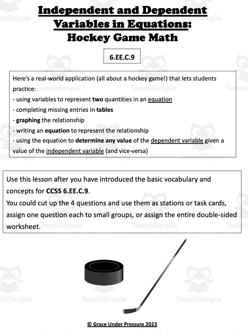 Independent U0026 Dependent Variables In Grade 6 Math Hockey Math By Teach Simple