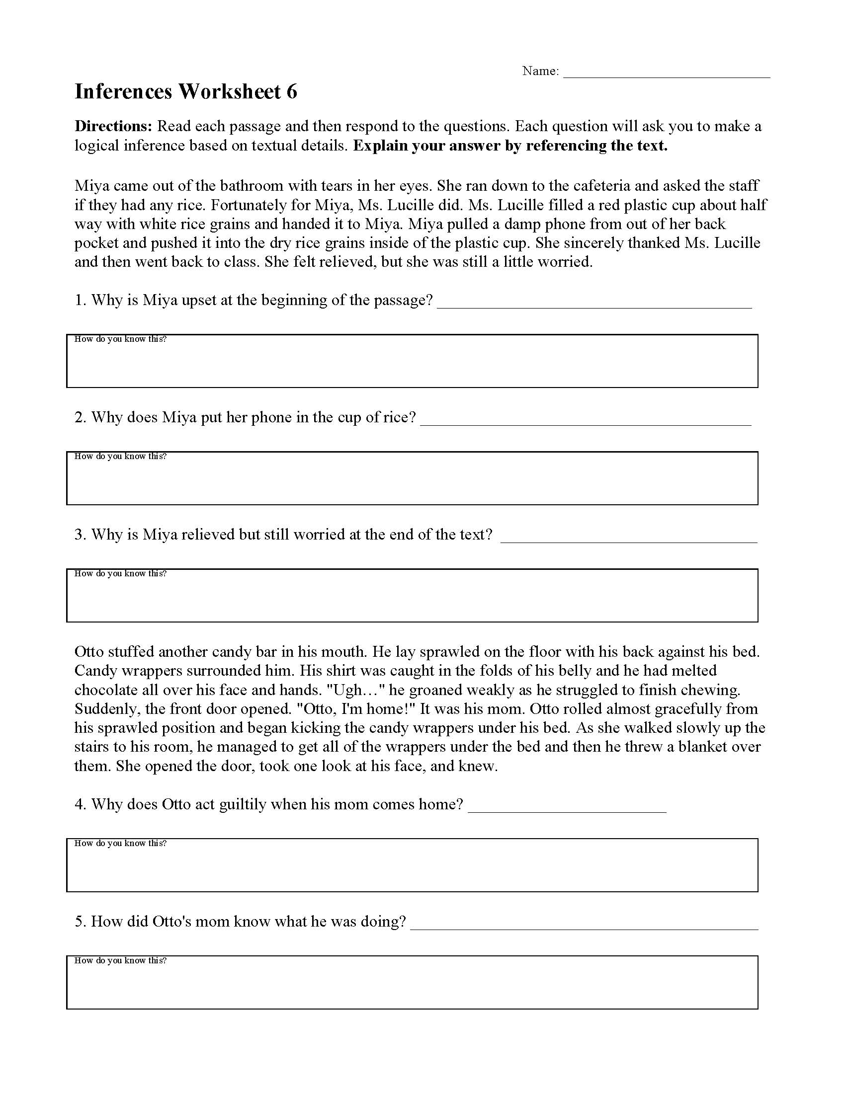Inferences Worksheet 6 Reading Activity
