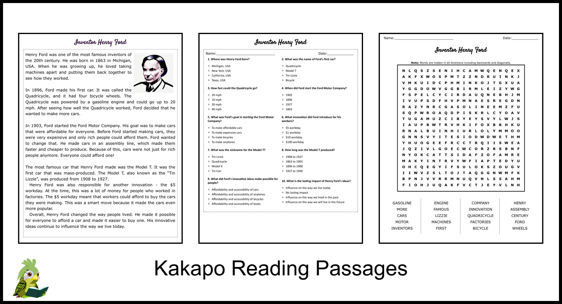 Inventor Henry Ford Reading Comprehension And Word Search Teaching Resources