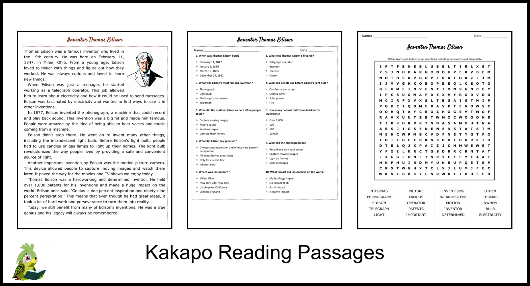 Inventor Thomas Edison Reading Comprehension And Word Search Inventor Thomas Edison Reading Comprehension And Word Search