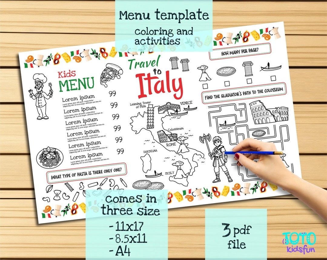 Italian Menu Template For Kids Italian Restaurant Menu With A Map Of Italy And Attractions Activity Sheet For Children Etsy