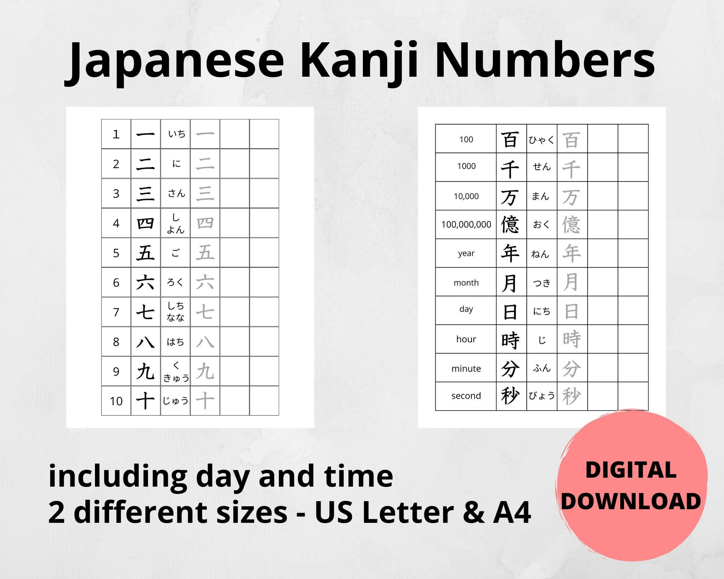 Japanese Kanji Numbers Worksheet day And Time Included For Learning And Practice Writing Etsy