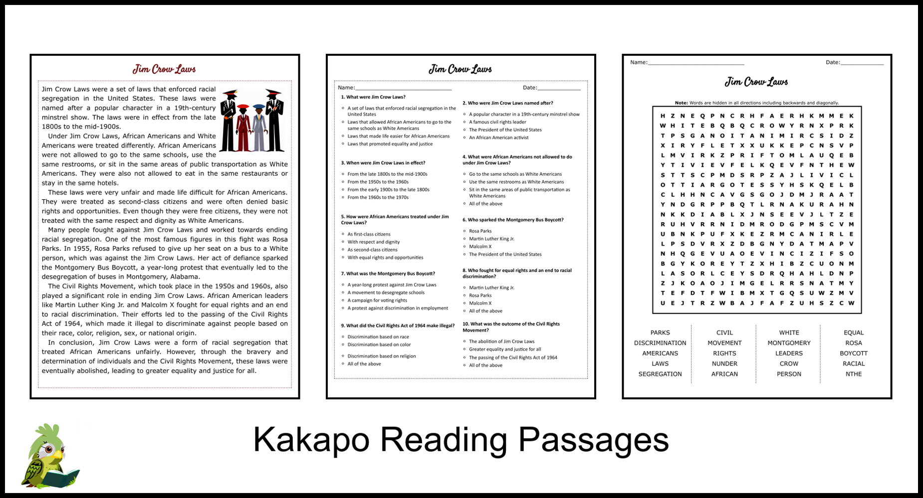 Jim Crow Laws Reading Comprehension And Word Search Teaching Resources