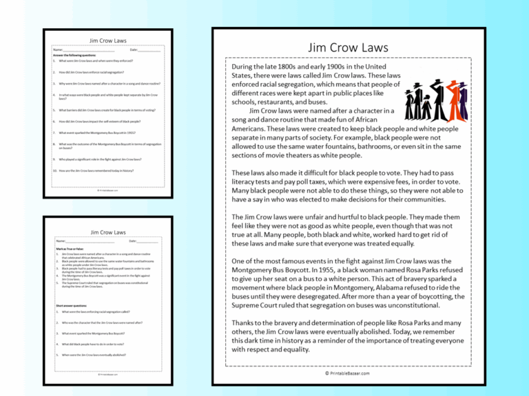 Jim Crow Laws Reading Comprehension Passage Printable Worksheet Teaching Resources