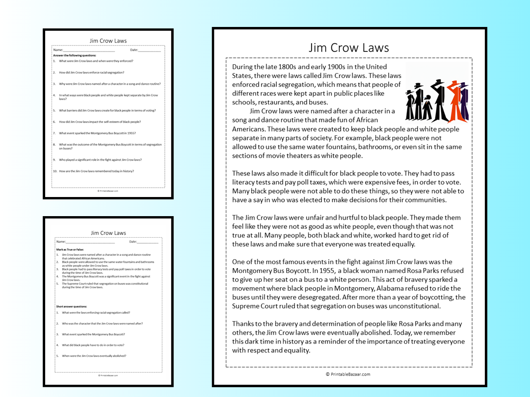Jim Crow Laws Reading Comprehension Passage Printable Worksheet Teaching Resources