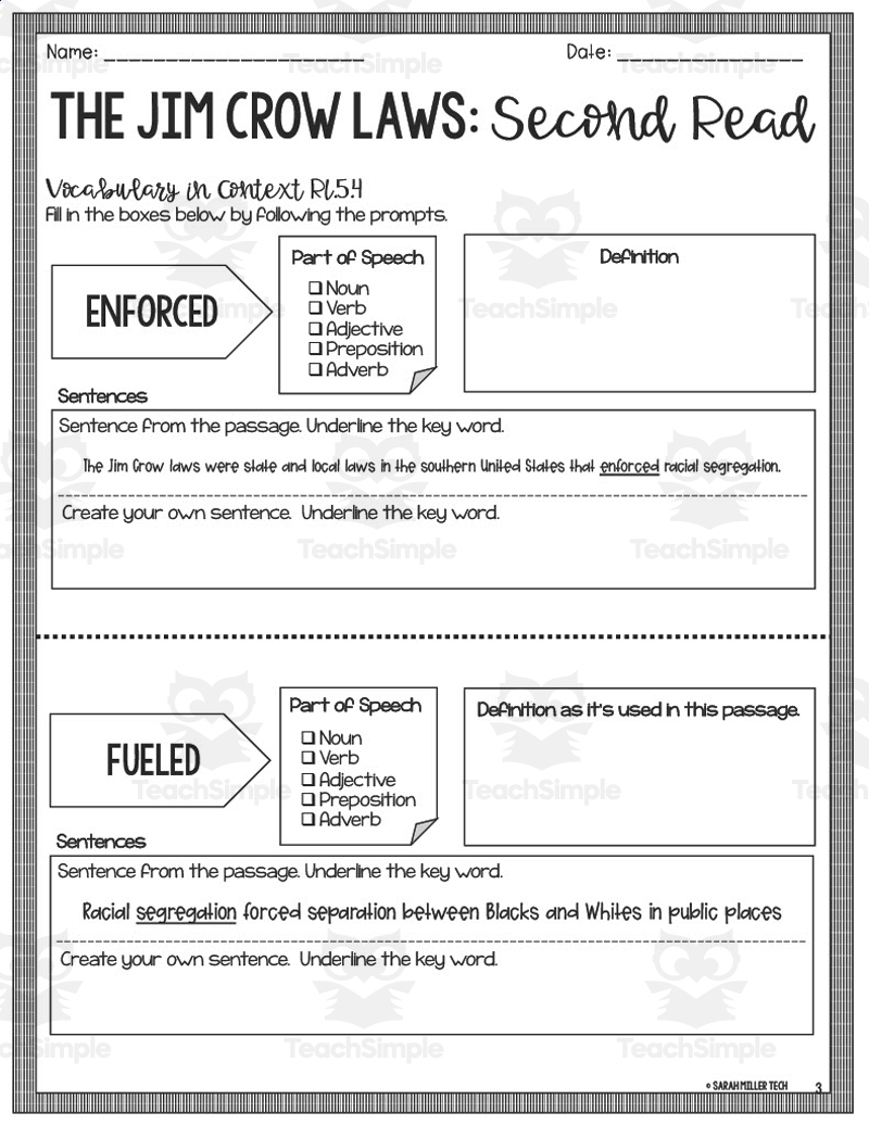 Jim Crow Laws Reading Comprehension Worksheet