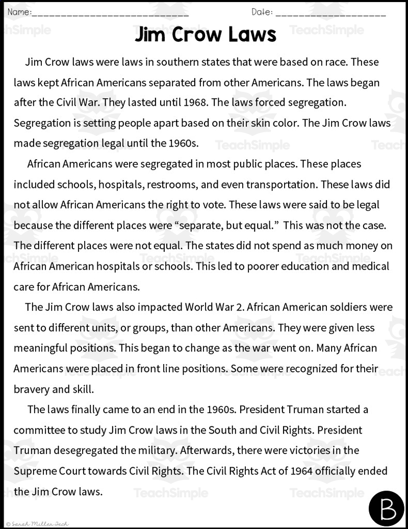 Jim Crow Laws Reading Packet Distance Learning