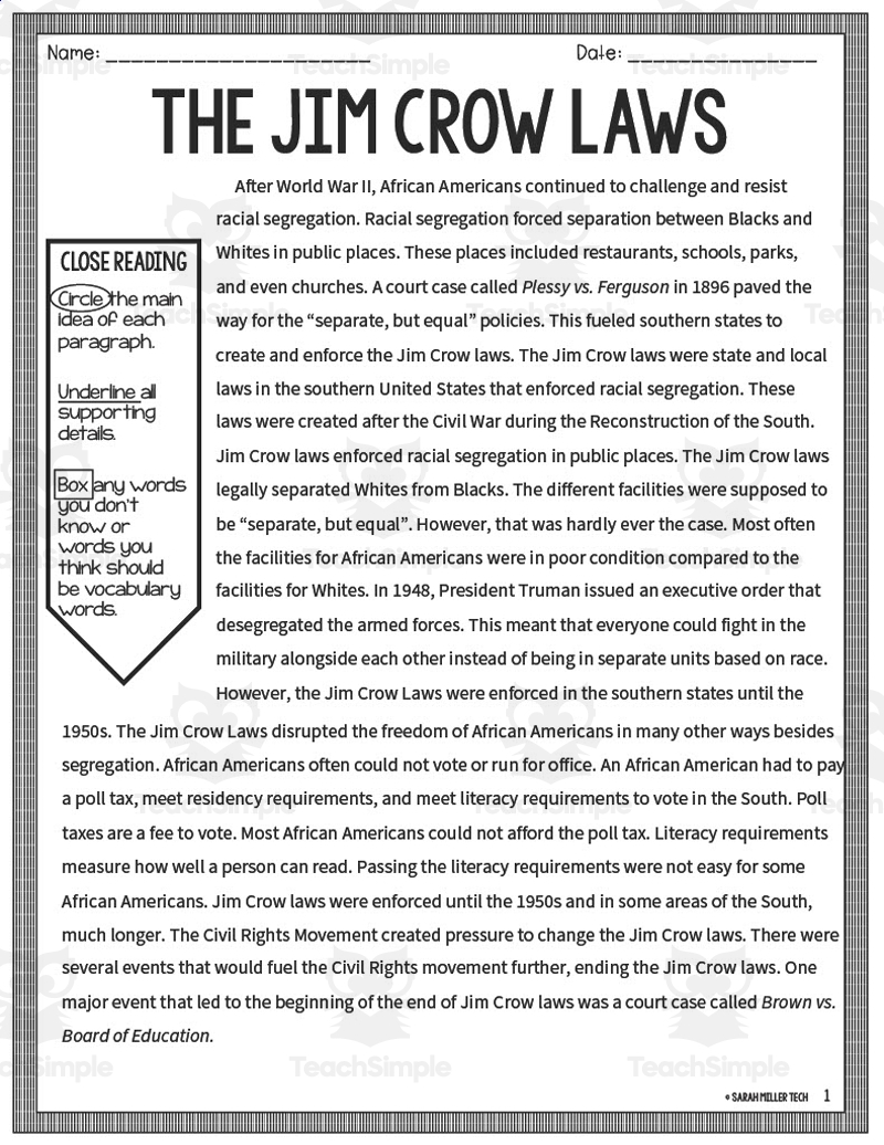 Jim Crow Laws Reading Packet
