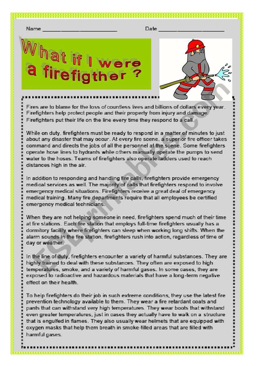 JOB BEING A FIRE FIGHTER READING ESL Worksheet By GigiGraziano JOB BEING A FIRE FIGHTER READING ESL Worksheet By GigiGraziano