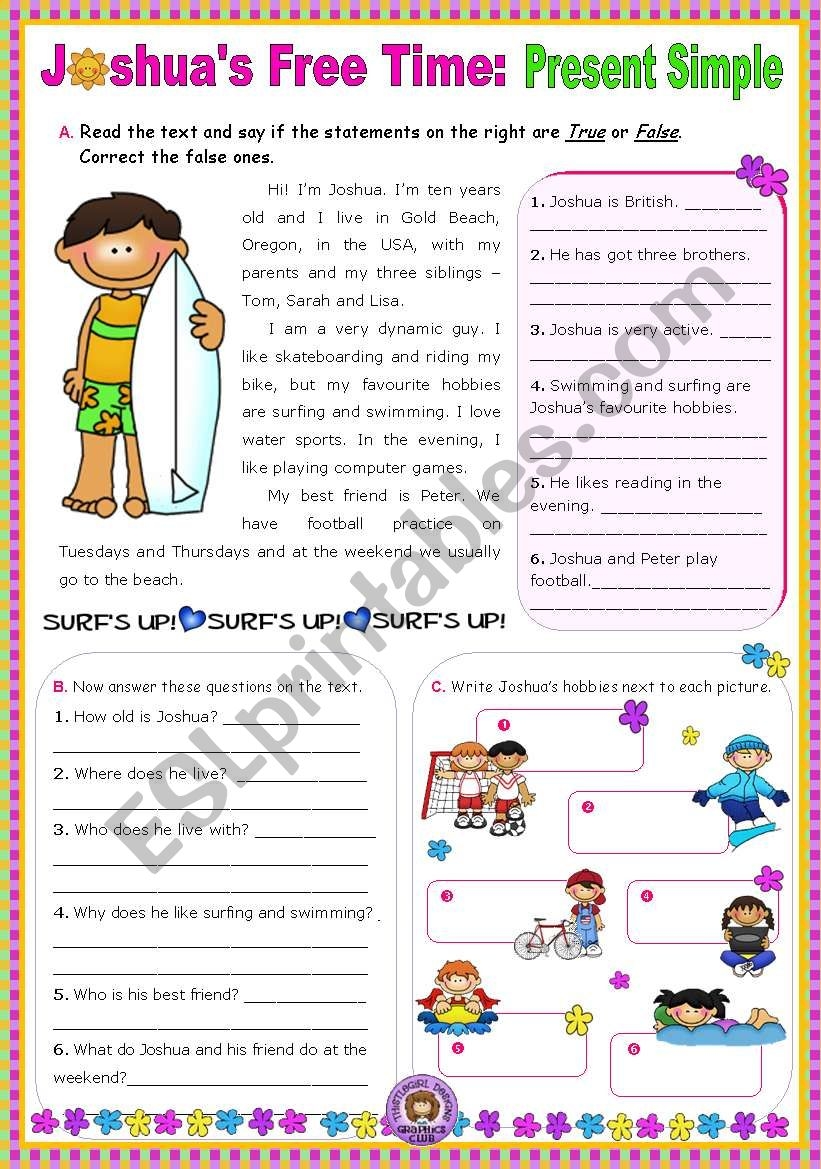 Joshua s Free Time Present Simple Reading Comprehension Leading To Writing ESL Worksheet By Mena22