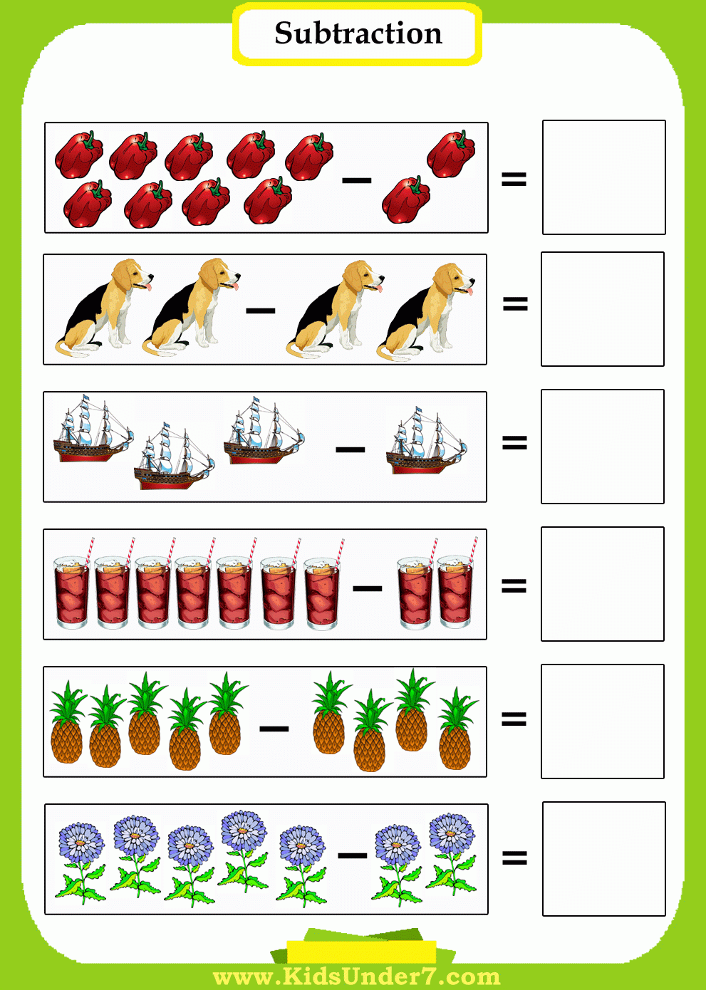 Kindergarten Subtraction Printable Worksheets