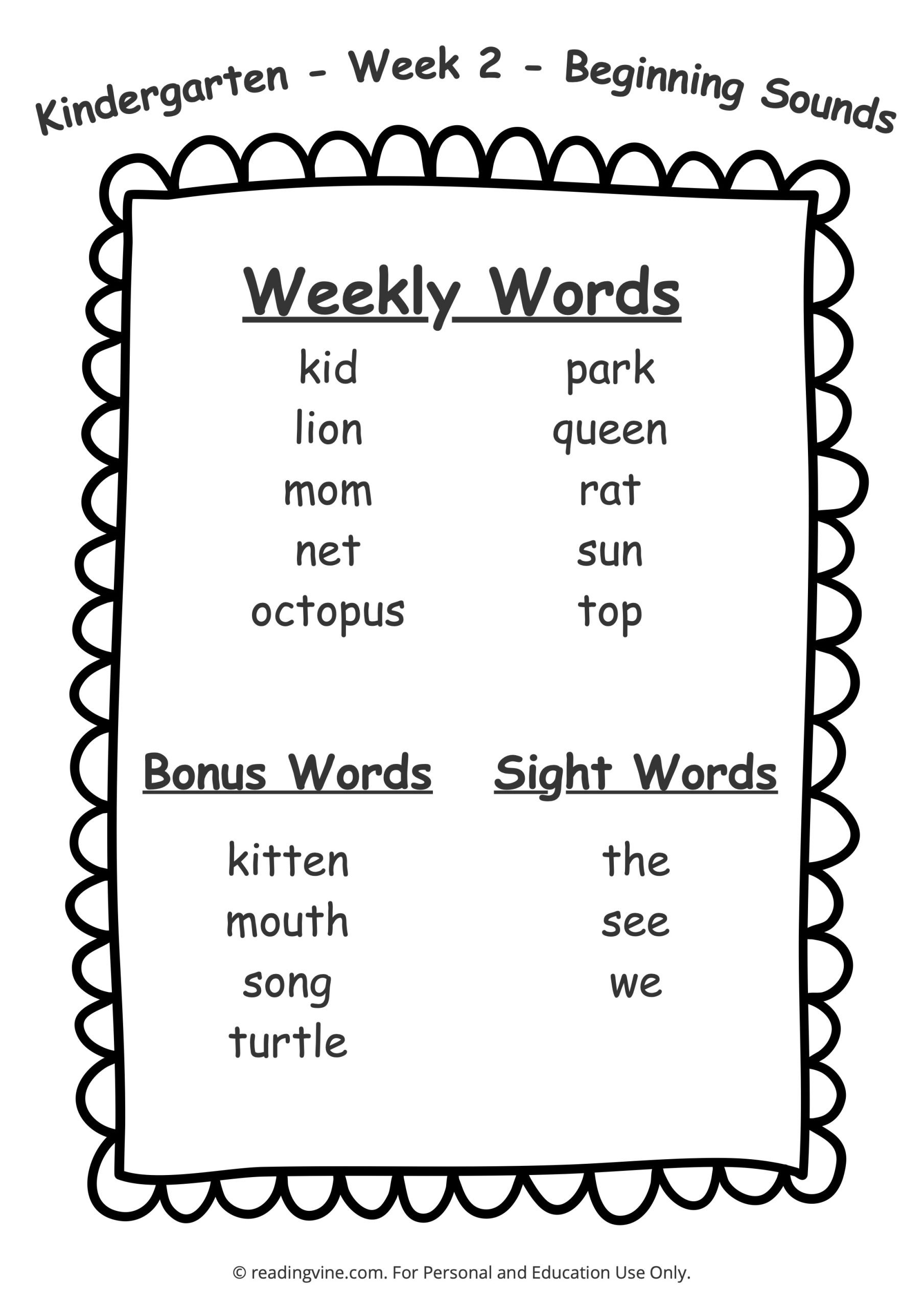 Kindergarten Spelling Words Free Printable 36 Week List Worksheets Library