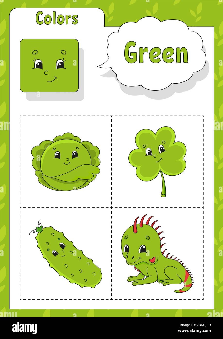Learning Colors Green Color Flashcard For Kids Cute Cartoon Characters Picture Set For Preschoolers Education Worksheet Vector Illustration Stock Vector Image U0026 Art Alamy