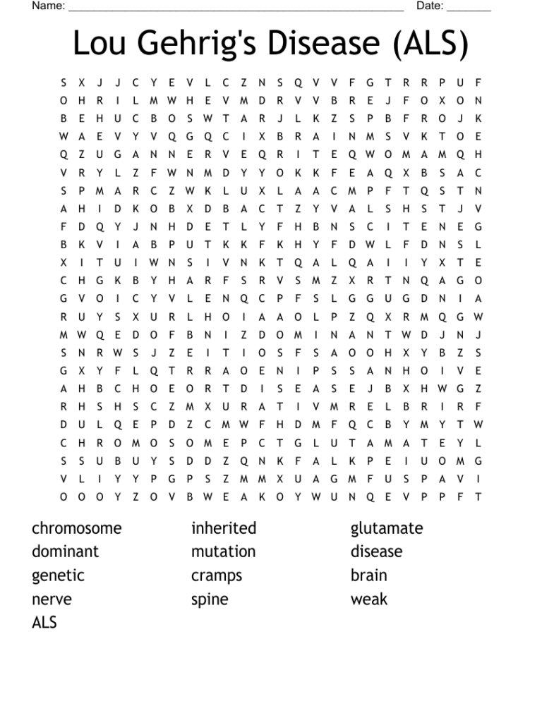 Lou Gehrig s Disease ALS Word Search WordMint
