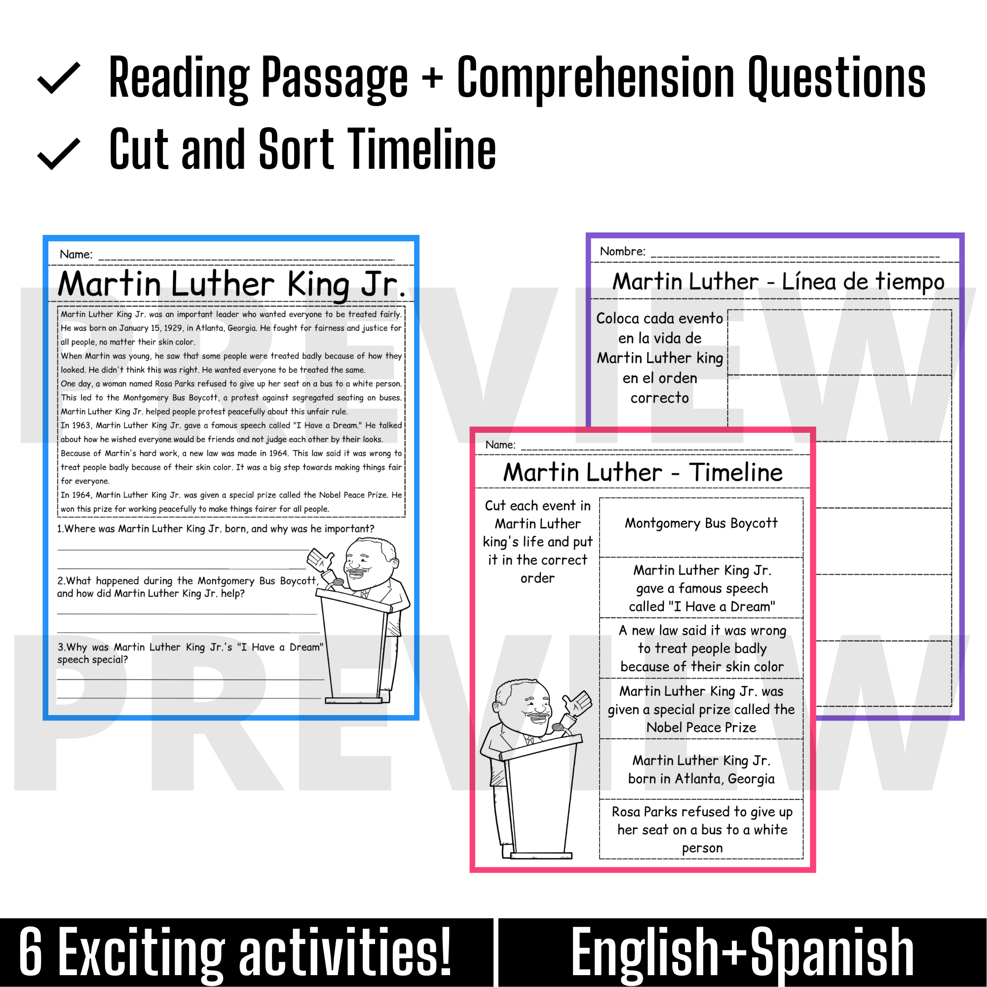 Martin Luther King Jr Reading Comprehension Worksheets In Spanish And English Made By Teachers