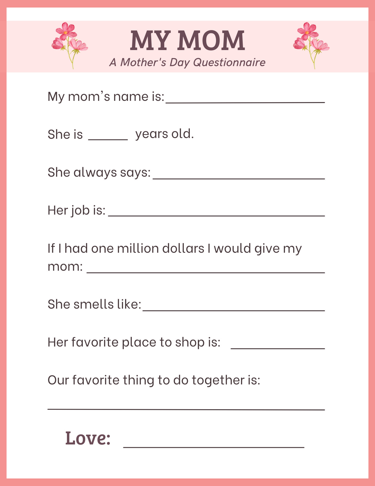 Mother's Day Questionnaire Preschool Printable