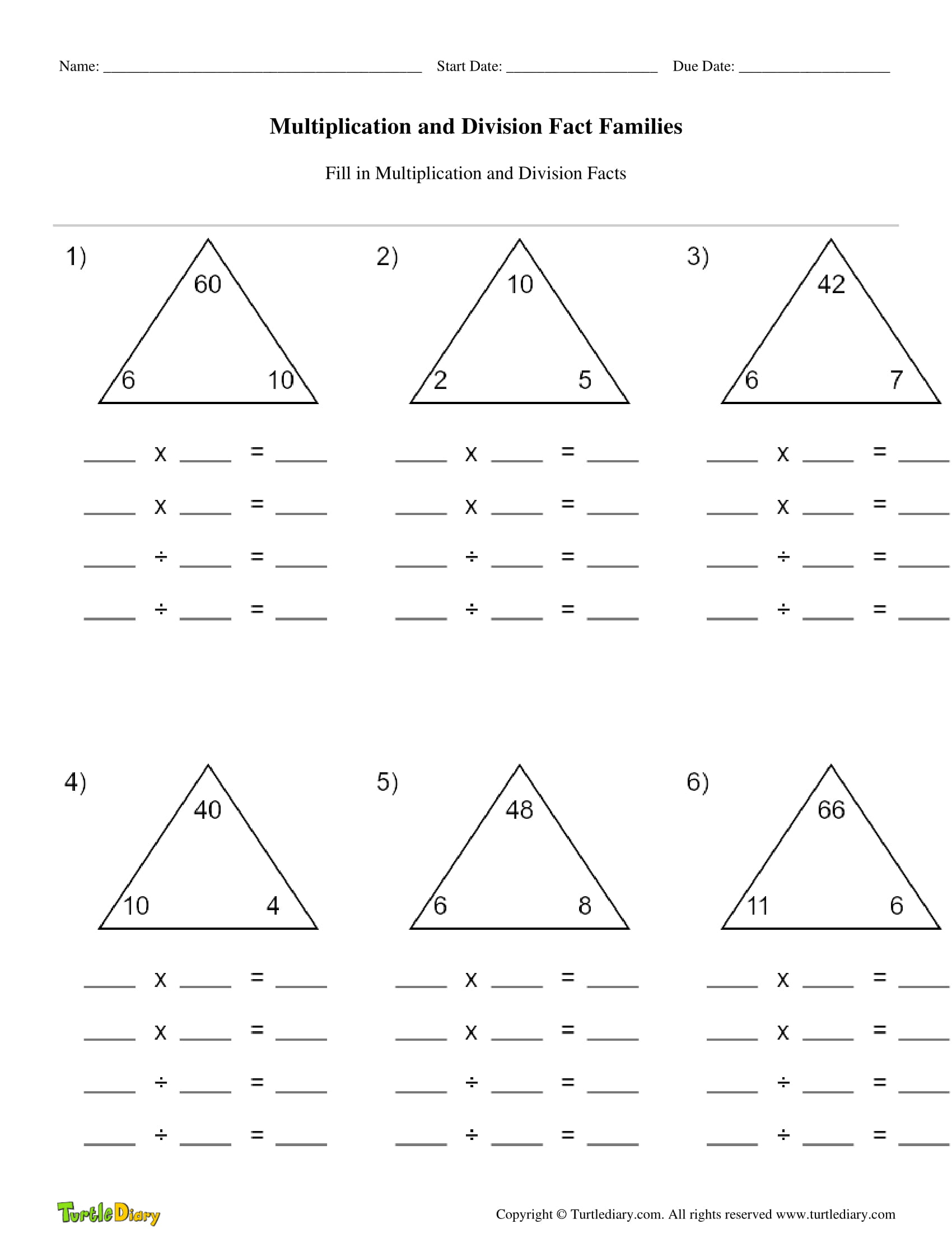 Multiplication And Division Fact Families Turtle Diary Worksheets Library