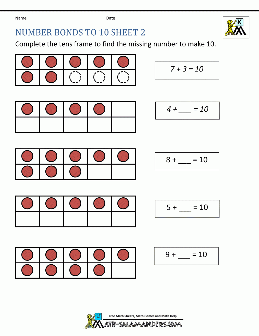 Kindergarten Number Bonds Worksheets Free