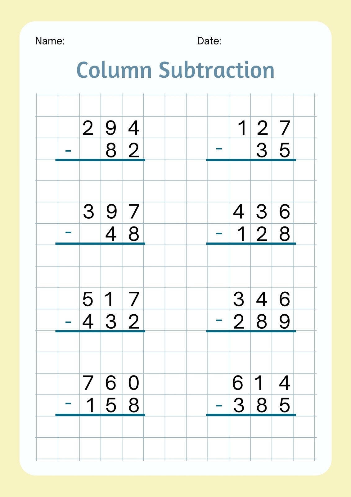 Page 2 Free Subtraction Worksheet Templates To Edit And Print 
