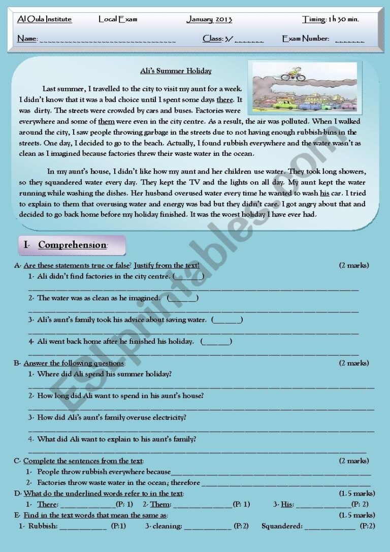 Pollution Reading Test Comprehension Language Writing ESL Worksheet By Chafik Boufrioua