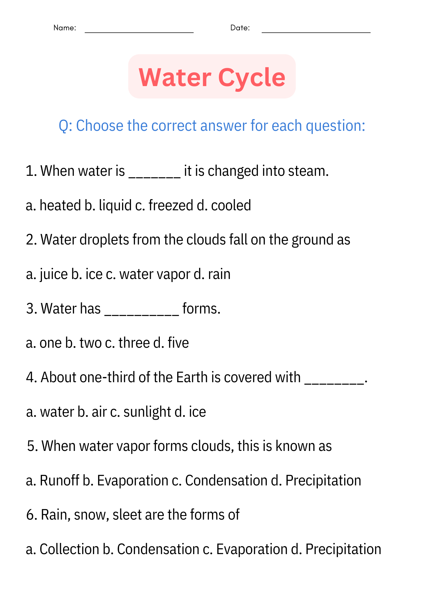Grade 6 Science Free Printable Worksheets