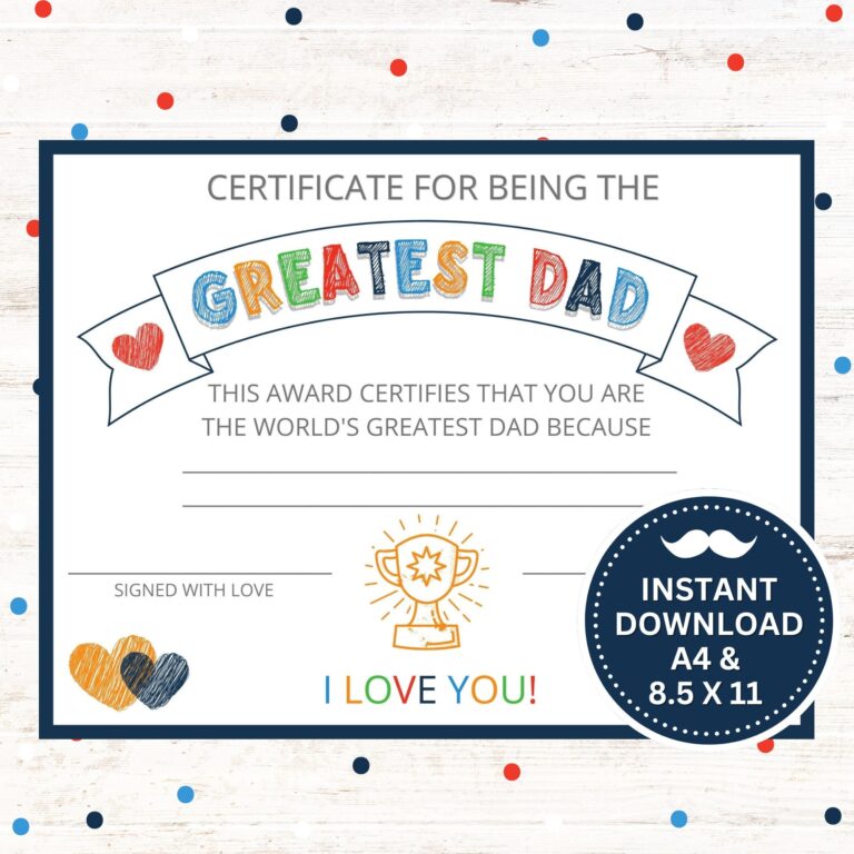 Printable Greatest Dad Certificate Instant Download PDF