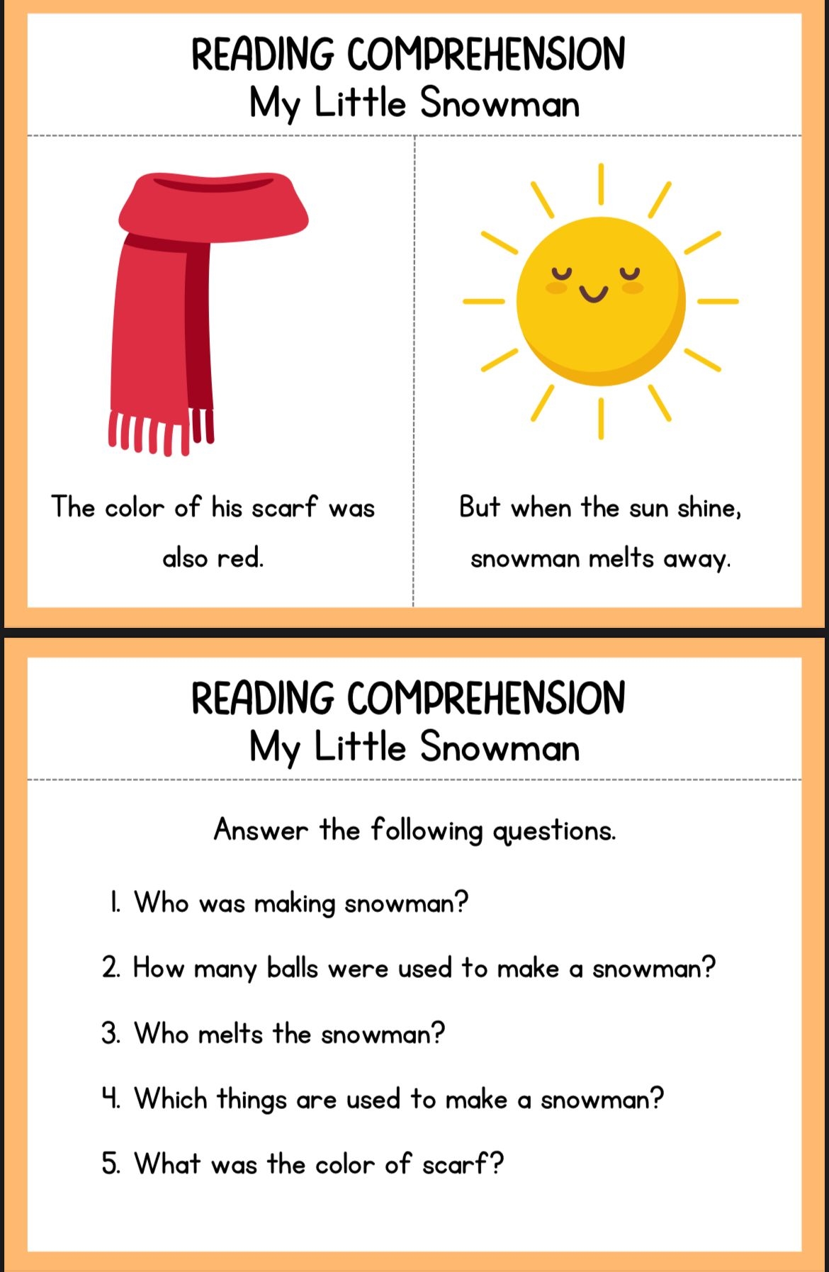 Snowman Reading Comprehension Worksheets